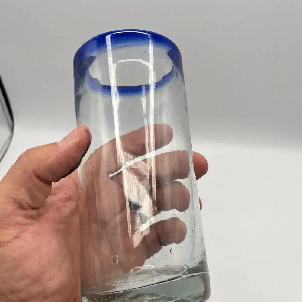 Hand Blown Cobalt Blue Rim Mexican Bubble Glass